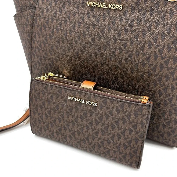 Michael Kors Large Jet Set Travel Chain Shoulder Bag & Double Zip Wallet Brown - Picture 12 of 15